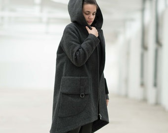 Manteau d’hiver en laine à capuche, manteau gothique, manteau à capuchon noir avec grandes poches, manteau asymétrique, vêtements grande taille, veste mi-cuisse