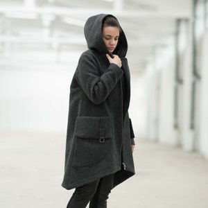 Hooded Wool Winter Coat, Gothic Coat, Black Hooded Coat With Large Pockets, Asymmetrical Coat, Plus Size Clothing, Mid Thigh Jacket