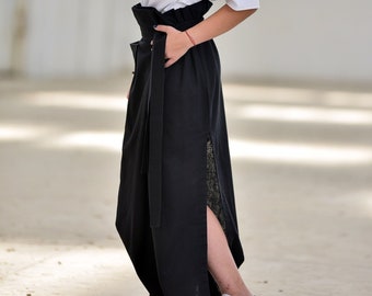 Black Summer Linen Skirt, Gathered Maxi Skirt with Slit, Plus Size Linen Clothing, Extravagant High Waisted Skirt, Paper Bag Skirt