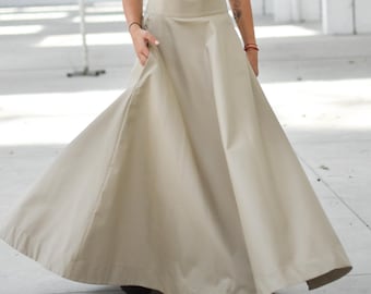 Beige High Waist Long Flowy Skirt with Pockets, Edwardian Walking Summer Maxi Skirt, Loose Elegant Flare Skirt for Women, Sizes XS-2XL