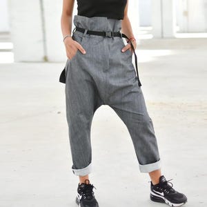 Pantalones vaqueros harem de mezclilla con cintura extra alta, vaqueros holgados de estilo vanguardista gris para mujer, pantalones sueltos con tiro bajo, tallas grandes.