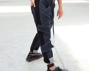 Avant Garde Denim Cargo Pants in Navy Blue, Techwear Futuristic High Rise Two Tone Jeans, Harem Drop Crotch Extravagant Utility Trousers