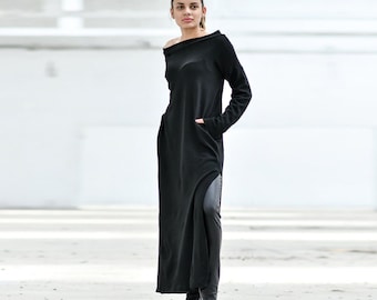 Black Wool Maxi Dress, Winter Sweater Dress, Warm Boat Neck Tunic Dress, Gothic Clothing, Plus Size Tunic Dress, Long Sleeve Slit Dress