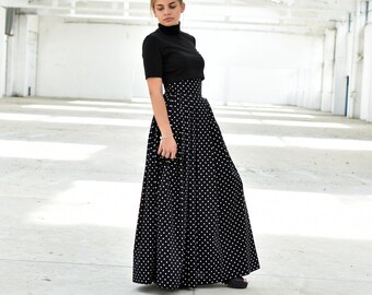 Vrouwen rok, zwarte maxi rok, hoge taille rok, lange vrouwen rok, zwart en witte rok, formele rok, polka dot kleding, kleding rok