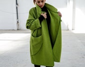 Green Wool Coat, Wool Jacket Coat, Maxi Coat, Wool Poncho, Winter Outerwear, Wool Winter Coat, Chic Jacket, Evening Jacket, Wrap Coat