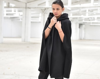 Wool Women Cape Coat, Hooded Black Cape, Warm Short Cloak, Loose Poncho Cape, Elegant Black Coat, Plus Size Clothing, Oversized Coat