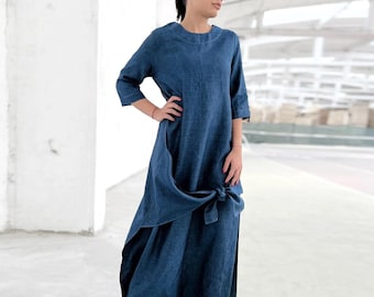 Denim Blue Linen Maxi Dress with Half Sleeve, Extravagant Avant Garde Loose Summer Gown, Long Garden Party or Baby Shower Dress, XS-3XL