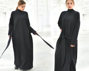 Winter maxi trui jurk, zwarte coltrui oversize jurk, losse plus size jurk, lange gotische jurk, steampunk kleding, extravagante jurk