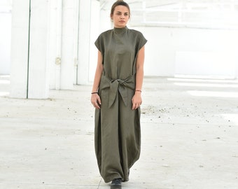Long Linen Khaki Dress with High Neck and Adjustable Waist Belt, Avant Garde Maxi Dress with Open Back for Women, Japanese Style, Plus Sizes