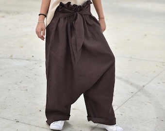 Linen Harem Pants, Paper Bag Drop Crotch Pants, Linen Clothing, Wide Leg Trousers, Summer Pants, Loose Baggy Pants, Brown Casual Trousers
