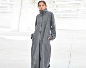 Grey Winter Wool Coat, High Neck Maxi Coat, Women Wool