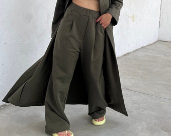 Loose Cargo Trousers, High Waisted Long Pants, Military Green Wide Leg Trousers, Sporty Chic Pants, Casual Elegant Baggy Pants Women