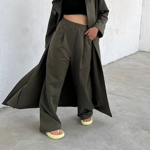 Loose Cargo Trousers, High Waisted Long Pants, Military Green Wide Leg Trousers, Sporty Chic Pants, Casual Elegant Baggy Pants Women