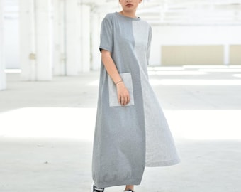 Gray Linen Extravagant Short Sleeve Dress for Summer, Asymmetric Hem Avant Garde Casual Dress with Loose Fit, Plus Size Clothing