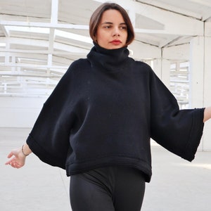 Suéter de cuello alto de lana negra, suéter de merino de manga ancha, top de manga larga, blusa cálida de invierno, suéter holgado cómodo, suéter acogedor