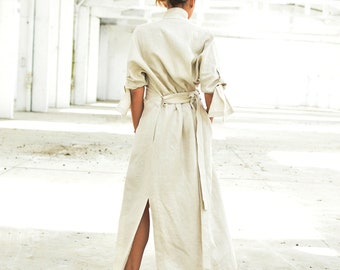 Avant Garde Linen Maxi Dress with Stand Collar and Belt, Beige Button Down Futuristic Kimono Dress, Extravagant Shirt Dress, Sizes XS-2XL