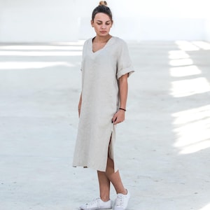 Linen Summer Kaftan with Short Sleeves and Slits, Boho Loose Beige Tunic Dress with Pockets, Midi Oversized Shift Dress, Sizes XS-4XL image 1