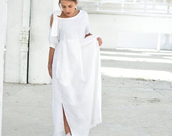 Plus Size Summer Wedding Dress, White Linen Dress, Maternity Dress, Alternative Wedding Dress, Boho Maxi Dress, Avant Garde Clothing