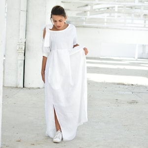 Plus Size Summer Wedding Dress, White Linen Dress, Maternity Dress, Alternative Wedding Dress, Boho Maxi Dress, Avant Garde Clothing