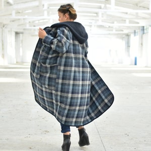 Hooded Plaid Cardigan, Maxi Wool Cardigan, Women Winter Cardigan, Plus Size Clothing, Check Cardigan, Blue Tartan Coat, Blanket Coat