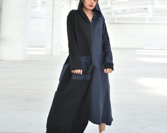 Long Navy Dress, Hooded Maxi Dress, Dark Blue Linen Dress, Color Block Dress, Winter Dress, Plus Size Dress, Avant Garde Dress, Long Dress