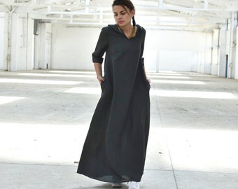 Black Linen Dress, Kaftan Dress, Hooded Dress, Maxi Spring Dress, Linen Clothes, Plus Size Clothing, Loose Dress, Linen Dress With Pockets