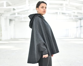 Wool Cape Coat, Winter Warm Cloak, Wool Coat, Plus Size Clothing, Gray Cloak, Plaid Cape Coat, Short Coat, Loose Coat, Wool Overcoat, Pocket