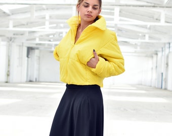 Yellow Puffer High Neck Jacket, Cropped Futuristic Jacket, Avant Garde Short Coat, Chunky Bright Color Jacket, Turtleneck Extravagant Jacket