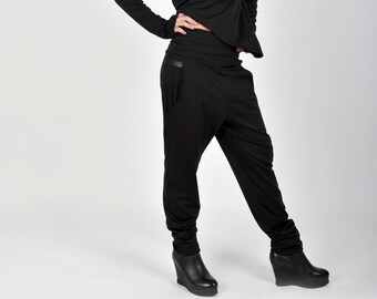 Pantaloni Harem, Pantaloni a scatto a goccia, Pantaloni larghi, Pantaloni neri, Pantaloni da donna, Pantaloni a vita alta, Abbigliamento donna urbano, Pantaloni casual