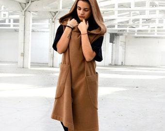 Hooded Wool Vest, Copper Brown Winter Vest, Women Sleeveless Coat, Long Vest, Brown Vest, Plus Size Clothing, Loose Vest, Goth Vest