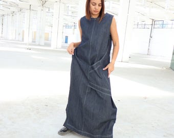 Blue Denim Maxi Dress in Avant Garde Style with Pockets, Futuristic Sleeveless Dress in Floor Length for Women, Techwear Design, Plus Sizes
