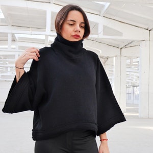Suéter negro de invierno, suéter de cuello alto de lana, blusa de manga ancha, top de manga larga, blusa minimalista cálida, suéter extragrande