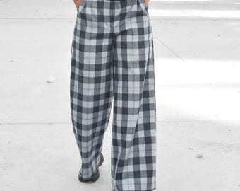 Long Wool Wide Leg Pants, Blue Tartan Plaid High Waist Maxi Trousers, Relaxed Palazzo Winter Pants, Retro Dark Academia Pants Women