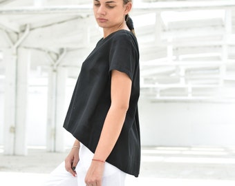 Black Linen Top, Loose Top, Summer Top,  Linen Clothing, Oversize Top,Asymmetrical Top, Casual Top, Plus Size Linen, Minimalist Clothing