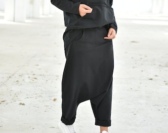 Women Black Pants, Black Harem Pants, Drop Crotch Pants, Capri Pants, Loose Pants, Streetwear pants, Pocket Pants, Plus Size Clothing