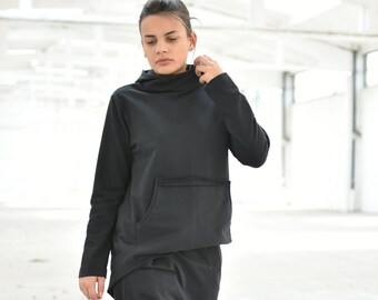 Sweat à capuche noir, sweat ample, sweat noir, haut taille plus, chemisier de poche, sweat à capuche, haut oversize, vêtements urbains, haut femme