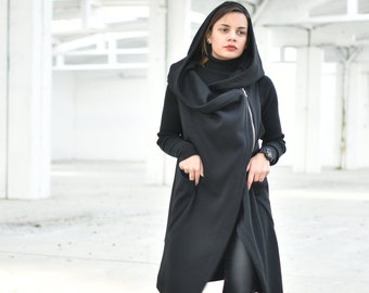 Black Hooded Vest, Asymmetric Clothing, Long Vest, Women Vest, Plus Size Clothing, Steampunk Vest, Gothic Vest, Winter Vest, Plus Size Vest