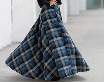 Blue Wool Plaid Skirt, Winter Tartan Maxi Skirt, Edwardian Walking Skirt, Scottish Outlander Skirt, High Waist Plus Size Skirt, Warm Skirt