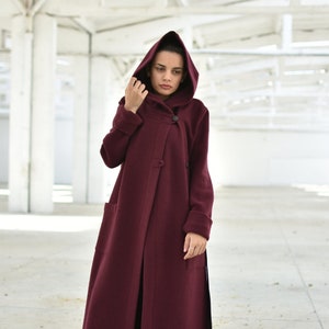 Hooded Maxi Cardigan Coat, Burgundy Merino Wool Cardigan, Extra Long Winter Cardigan Coat, Plus Size Clothing, Wine Red Belted Coat image 3