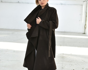Dark Brown Wool Coat, Chocolate Asymmetric Overcoat, Extravagant Warm Coat, Plus Size Coat, Avant Garde Coat, Belted Winter Jacket