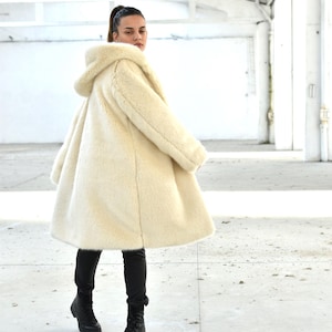 Cream Teddy Coat With Hood and Pockets, Fuzzy Winter Coat