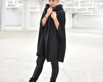 Black Hooded Cape Coat for Women, Elegant Poncho Coat, Steampunk