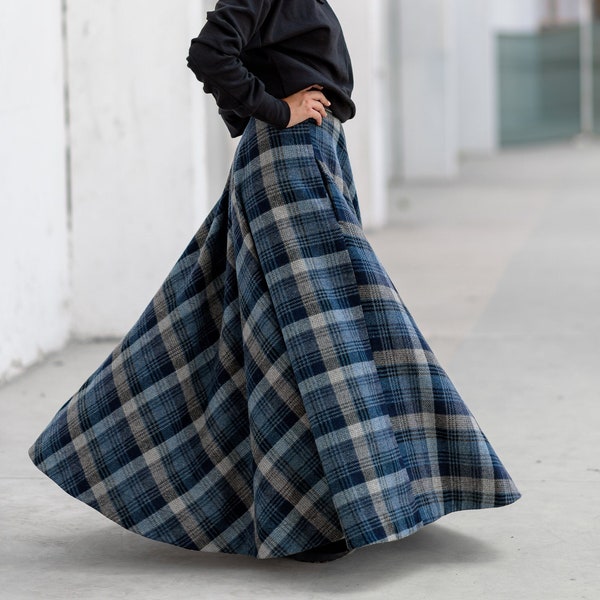 Jupe écossaise en laine bleue, jupe longue tartan d'hiver, jupe de marche édouardienne, jupe écossaise de l'étranger, jupe taille haute grande taille, jupe chaude