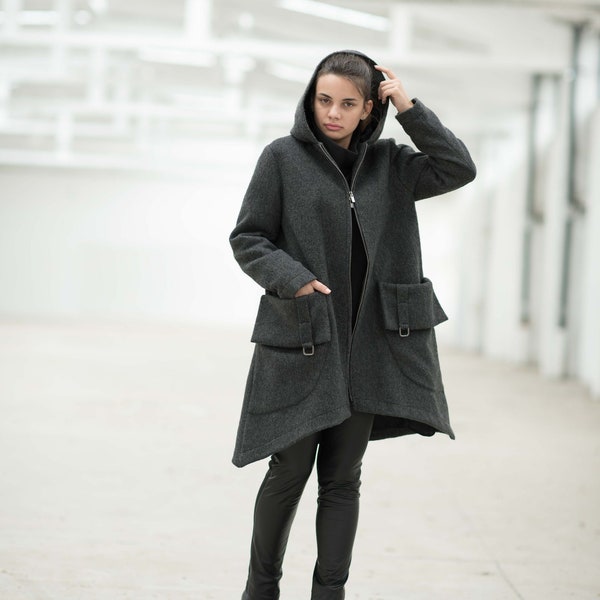 Manteau de laine, manteau à capuche noir, vêtements d’hiver, manteau Pixie, manteau plus size, vêtements en laine, manteau chaud, manteau d’hiver, manteau gris, manteau à manches longues