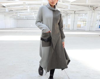 Avant Garde Denim Maxi Long Sleeve Dress, Funnel Neck Extravagant Two Tone Dress, Turtleneck Asymmetric Flare Dress with Pocket