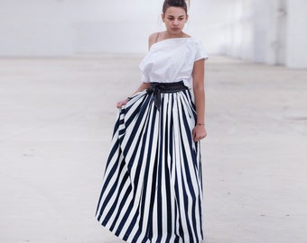 Striped Maxi Skirt, High Waist Long Summer Skirt, Ballgown Skirt, Elegant Victorian Skirt, Black and White Flare Skirt, Plus Size Clothing