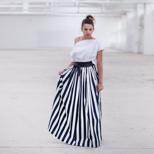 Striped Maxi Skirt, High Waist Long Summer Skirt, Ballgown Skirt, Elegant Victorian Skirt, Black and White Flare Skirt, Plus Size Clothing