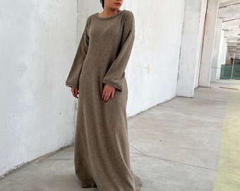 Beige Wool Dress, Loose Maxi Sweater Dress, Warm Comfy Dress, Long Kimono Sleeve Dress, Plus Size Dress, Autumn Winter Dress Women