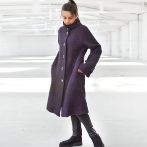 Long Purple Wrap Wool Coat, Lined Warm Winter Overcoat, Dark