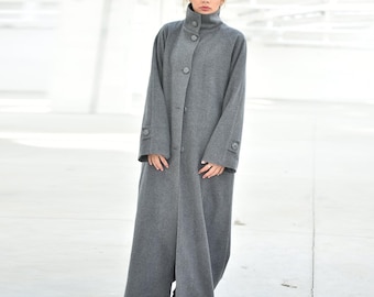 Wool High Collar Maxi Coat, Gray Funnel Neck Coat, Women Winter Coat, Long Loose Coat, Elegant Women Oversize Ankle Coat